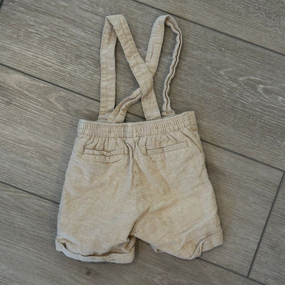 Janie and Jack Linen Blend Shorts Suspenders Overalls Shortalls 6-12 Month Beige - Picture 2 of 5